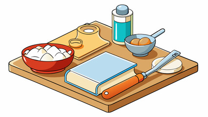 Poster - A kitchen table with a ting board measuring cups and recipe book on it. There are also several ingredients like flour sugar and eggs tered around. Cartoon Vector