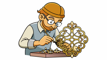 Fototapete - A jeweler soldering together pieces of intricate metal filigree to create a delicate bracelet. The metal is soft and pliable making it perfect for. Cartoon Vector