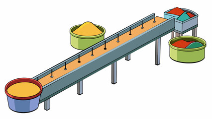 Wall Mural - A large conveyor belt structure with mixing stations p at intervals along its length. As the belt moves continuously ingredients are added at each. Cartoon Vector