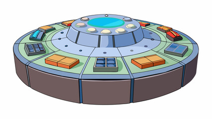 Fototapete - A large circular with various notches around its edges. When turned the notches align with different pathways that control the direction of a powerful. Cartoon Vector