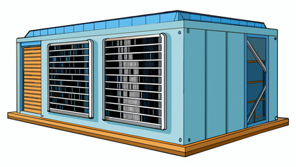 Poster - A large boxshaped structure p outside of a building with a series of metal fins and tubes. This is the main unit that cools the air before it is. Cartoon Vector