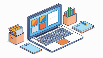 Aufkleber - A laptop with multiple tabs open as well as a notebook and pen sitting next to it. The combination of technology and traditional ods highlights the. Cartoon Vector