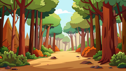 Fototapete - A landscape painting of a forest with rich earthy colors and thick textured brushstrokes. The trees are tall and majestic with detailed leaves and. Cartoon Vector
