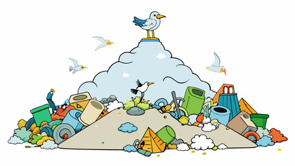 Poster - A landfill overflowing with garbage with seagulls picking through piles of trash and scavenging for food. The area is surrounded by a foul smell and. Cartoon Vector
