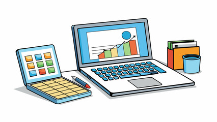 Aufkleber - A laptop open on a table with a blank word document and a calculator next to it. The screen is filled with graphs and equations suggesting that the. Cartoon Vector