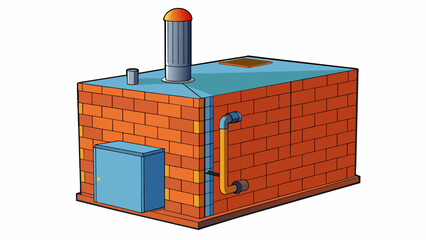 Aufkleber - A large boxshaped boiler with a long chimney extending from one side. The unit is made of brick and mortar and is commonly fueled by coal or wood. The. Cartoon Vector