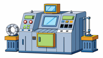 Poster - A large bulky machine with various s levers and screens used by engineers to diagnose issues with industrial machinery. The tool has a heavyduty. Cartoon Vector