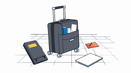 Poster - A large black suitcase sits on the floor of an airport lounge its wheels and handle showing signs of wear from countless journeys. From inside a. Cartoon Vector
