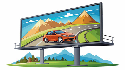 Fototapete - A large billboard advertising a luxury car surrounded by a scenic mountain landscape. The car is shown zooming around winding roads with its smooth. Cartoon Vector
