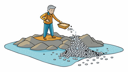 Poster - A large flat rock sitting in the middle of a stream with smaller rocks p on top of it. A person stands foot on the large rock carefully maneuvering. Cartoon Vector