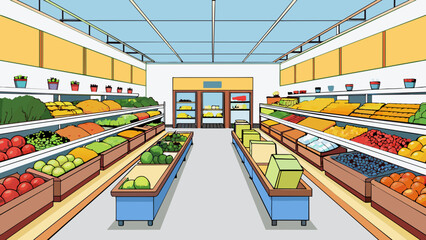 Poster - A large grocery store with brightlylit aisles filled with neatly organized shelves and a wide selection of food items. The business prides itself on. Cartoon Vector
