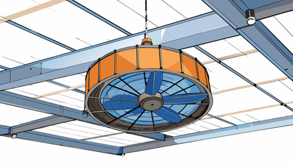 Aufkleber - A large industrial fan mounted on the ceiling of a warehouse used to circulate air and prevent moisture buildup. The fan has metal blades and a. Cartoon Vector
