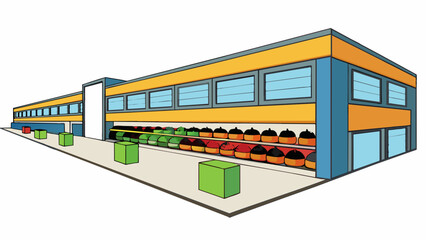 Aufkleber - A large rectangular building with a brightly colored sign displaying various fruits and vegetables. Inside there are long aisles lined with shelves. Cartoon Vector