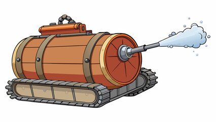 Poster - A large metal tank with a rotating nozzle at the top. The tank is filled with foam which is released through the nozzle in a fine mist quickly. Cartoon Vector