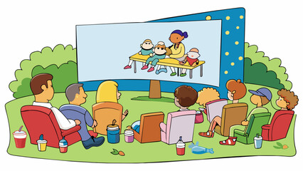 Sticker - A large screen is set up in a park surrounded by blankets and folding chairs. Families and friends sit together munching on popcorn and candy as they. Cartoon Vector