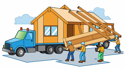 Poster - A large truck carries stacks of wooden planks and beams to a vacant lot where a new house is being built. Nearby a group of workers are hammering the. Cartoon Vector