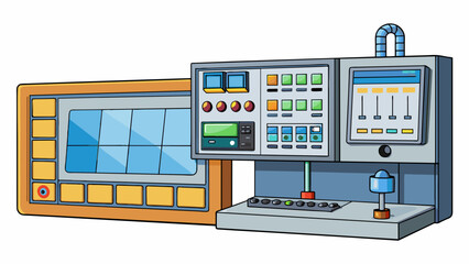 Fototapete - A large wallmounted control panel with a digital touch screen interface displaying a system of interconnected devices and sensors. The panel is. Cartoon Vector