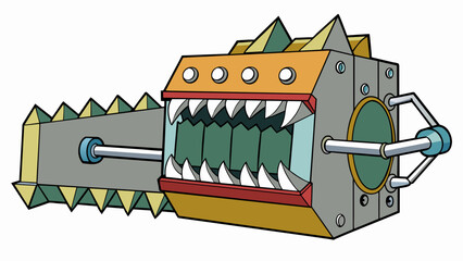 Poster - A large metal machine with a wide opening at the top and a series of interlocking teeth inside. The teeth move back and forth crushing anything that. Cartoon Vector