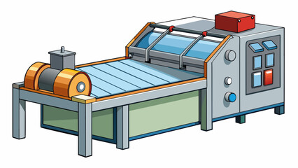 Poster - A large metal machine with a conveyor belt and various dials and buttons. It is used for printing ting and folding paper materials with the ability to. Cartoon Vector