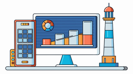 Fototapete - A large rectangular screen with a tower next to it. The screen displays graphics and data while the tower contains the computers processing and. Cartoon Vector