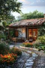 Wall Mural - Charming Small Garden Cottage with Colorful Flowers