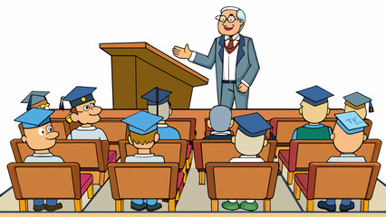 Poster - A lecture hall filled with rows of desks and chairs facing a podium where a professor stands at the front eagerly sharing their knowledge.. Cartoon Vector