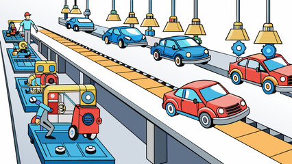 Poster - A long assembly line in a car manufacturing plant with cars in various stages of production moving along the line. Robots and workers work together to. Cartoon Vector