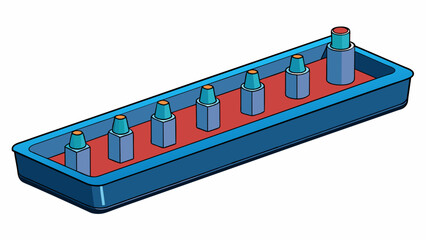 Poster - A long plastic tray with raised edges and a series of small pegs in the bottom. It is used to hold small bottles and containers to prevent any spills. Cartoon Vector