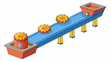 Poster - A long narrow apparatus that resembles a conveyor belt with various nozzles attached to it. Upon activation the nozzles release molten plastic into a. Cartoon Vector
