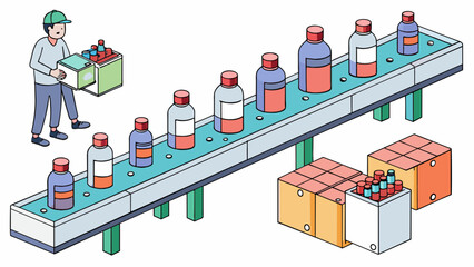 Aufkleber - A long conveyor belt carries small bottles through a brightly lit factory while a machine fills each one with a precise amount of liquid medication.. Cartoon Vector