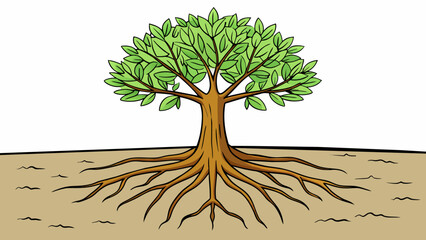 Poster - A lone tree on a wide open plain its roots firmly planted in the ground and branches stretching towards the sky. It stands tall and strong independent. Cartoon Vector