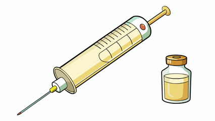 Poster - A long thin syringe with a clear plastic barrel and a small needle at the end. The liquid inside is a pale yellow color and is injected into the arm. Cartoon Vector