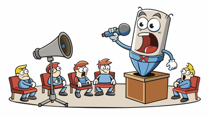 Poster - A loud and commanding voice that filled the room demanding attention and respect from its listeners. Its tone was deep and powerful leaving no room. Cartoon Vector