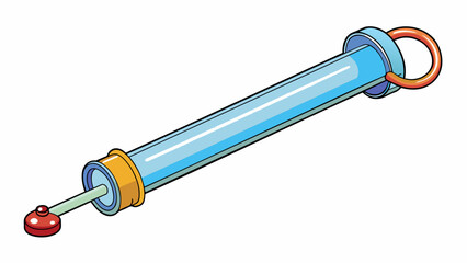 Aufkleber - A long thin tube made of clear plastic with a metal nozzle at one end. On the other end there is a valve and a round gauge with numbers and lines.. Cartoon Vector