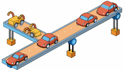Aufkleber - A long conveyor belt with robotic arms positioned along its length each arm attaching a specific part to a car chassis as it moves along the line. The. Cartoon Vector