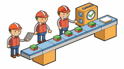 Poster - Along the assembly line there are quality control stations where workers inspect each product to ensure it meets the required standards. Defects are. Cartoon Vector