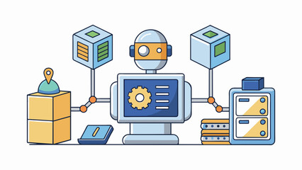 Poster - A machine with an embedded AI system that monitors usage and predicts when parts will need to be rep automatically ordering them for delivery before. Cartoon Vector