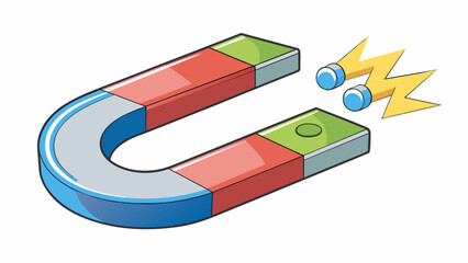 Poster - A magnet attracting metal objects to its surface displaying its magnetic field. characteristics magnetic attraction force. Cartoon Vector