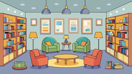 Wall Mural - Along the walls of the library there are comfortable reading nooks filled with cozy armchairs and soft throw blankets. Each nook has a small table. Cartoon Vector