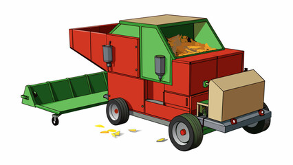 Poster - A machine resembling a wood chipper but with multiple sharp blades and a large bin at the bottom. This industrial shredder is used in the forestry. Cartoon Vector