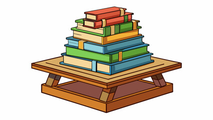 Fototapete - A makeshift platform made of stacked books and wooden planks used for reaching high shelves or objects in a crowded room. The books act as a stable. Cartoon Vector