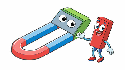 Sticker - A magnet pulling a paperclip The unseen force between the two objects creates a strong bond with the paperclip hanging onto the magnet.. Cartoon Vector