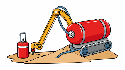 Poster - A mediumsized red cylinder with a rounded top and a thin flexible hose connected to a mini digger. The cylinder allows the diggers arm to extend and. Cartoon Vector