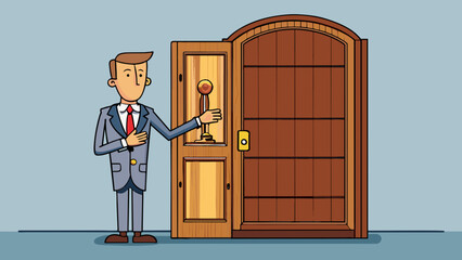 Poster - A man stands in front of a large wooden door adorned with an intricate brass door. He adjusts his tie nervously and straightens his suit jacket before. Cartoon Vector