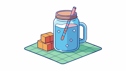 Aufkleber - A mason jar filled with cold coffee sits on a picnic blanket the ice cubes clinking softly as they swirl around. The bold rich flavor is complemented. Cartoon Vector