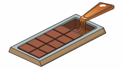 Aufkleber - A melting block of chocolate being poured into a rectangular mold filling the crevices and forming a smooth surface as it hardens.. Cartoon Vector
