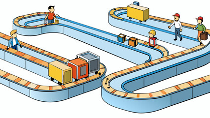 Poster - A maze of conveyor belts moving rapidly transporting suitcases and bags of all shapes and sizes to their proper gate while travelers anxiously search. Cartoon Vector