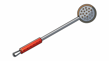 Poster - A metal kitchen tool with a long handle and a round flat end. The end has small circular holes and can be used to strain liquids or sift dry. Cartoon Vector