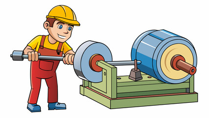 Poster - A metal lathe rotating a cylindrical piece of metal while a worker uses a ting tool to remove excess material and create a precise smooth surface. The. Cartoon Vector