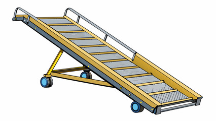 Poster - A metal platform with a grated surface resembling a large industrial staircase. It is mounted on a set of wheels allowing for easy movement and. Cartoon Vector